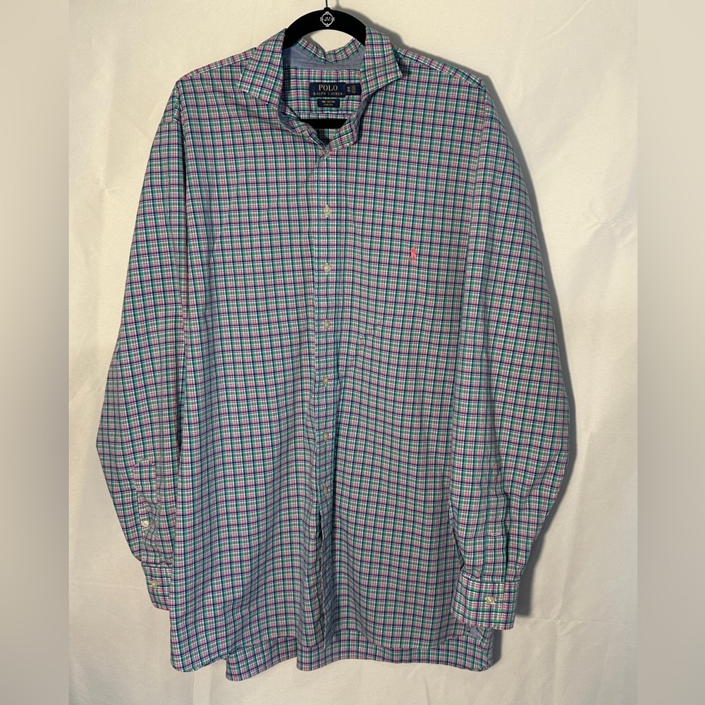 Ralph Lauren Polo 100% Cotton Stretch XLT Blue Pink Green White Plaid Shirt